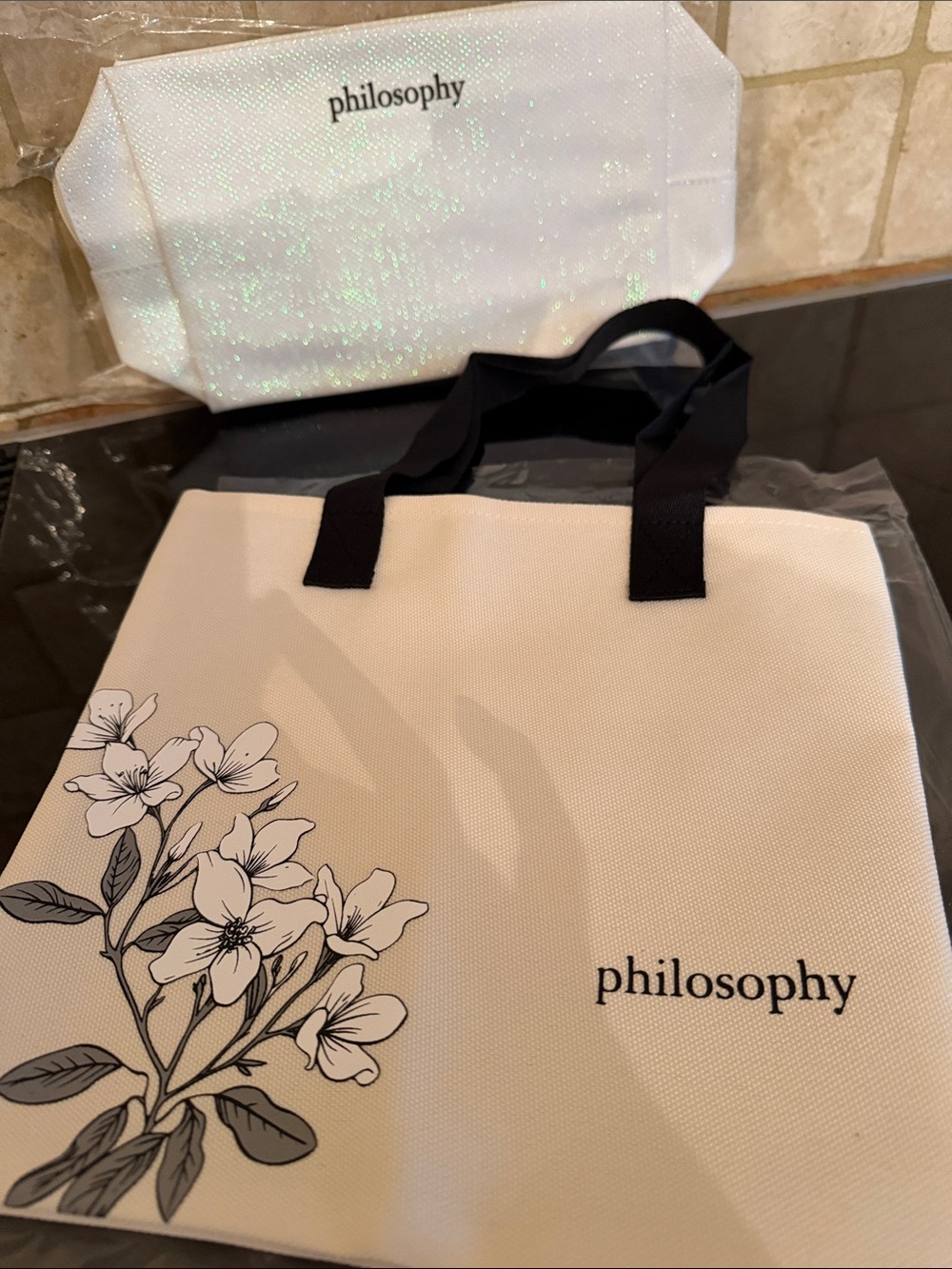 Philosophy cosmetic zip bag and small open top Tote